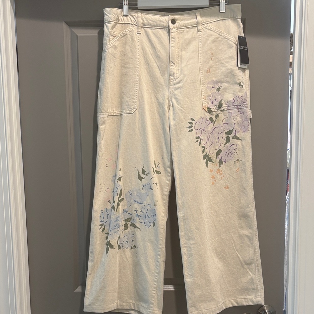 NWT Lauren Ralph Lauren Cream Floral Wide Leg Jeans Size 14